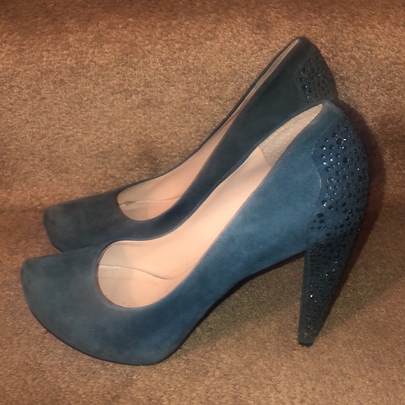 NINE WEST-PRETTY TEAL BLUE SUEDE HI HEEL W/COLORED STONES - Picture 8 of 12